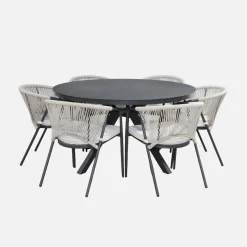 Conjunto de jardim com mesa redonda em alumínio e vidro com 6 assentos