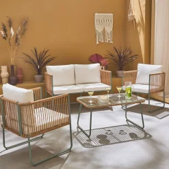 Conjunto de jardim com sofá em corda e aço galvanizado, 4 lugares