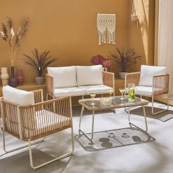 Conjunto de jardim com sofá em corda e aço galvanizado, 4 lugares