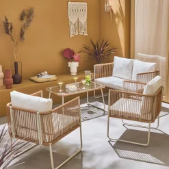 Conjunto de jardim com sofá em corda e aço galvanizado, 4 lugares