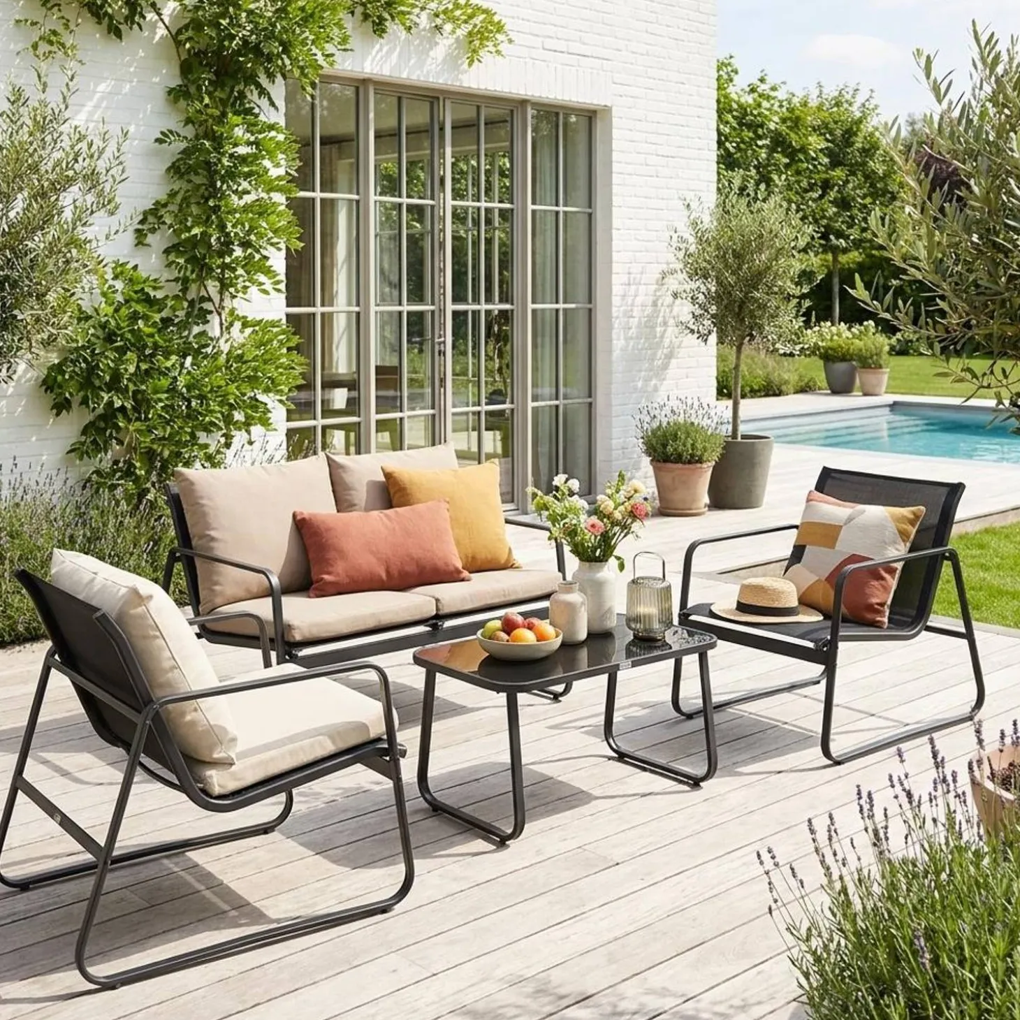 Conjunto de jardim com sofá em metal, 4 lugares