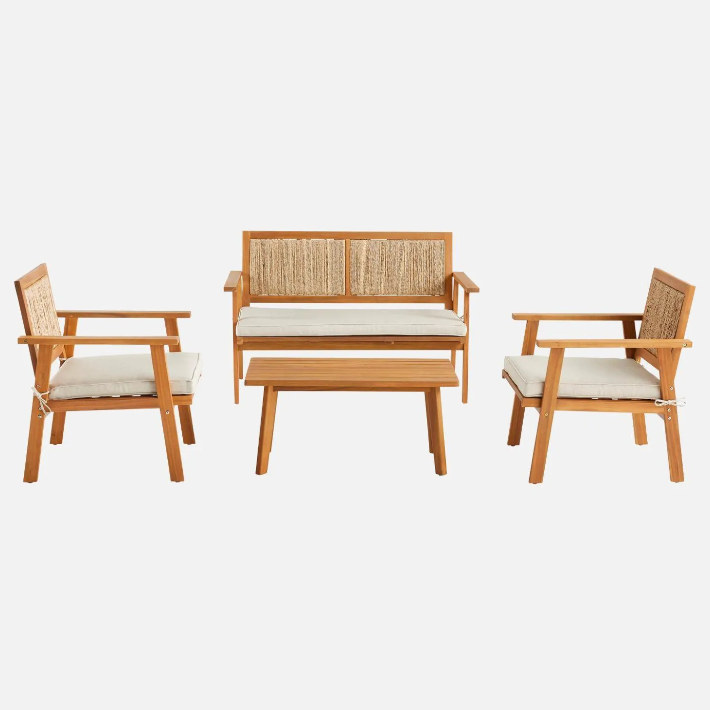 Conjunto de jardim com sofá em madeira e vime 4 lugares