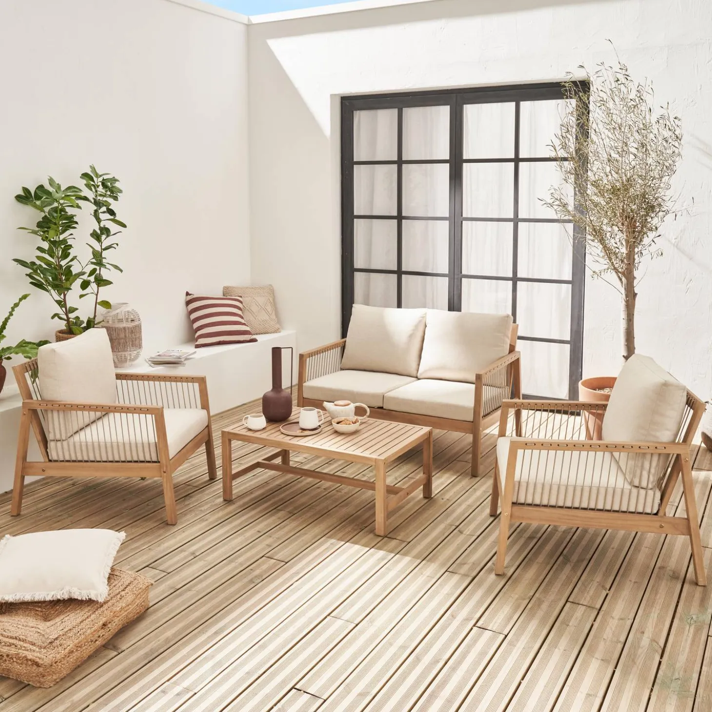 Conjunto de jardim com sofá em madeira e corda, 4 lugares