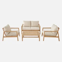 Conjunto de jardim com sofá em madeira e corda, 4 lugares
