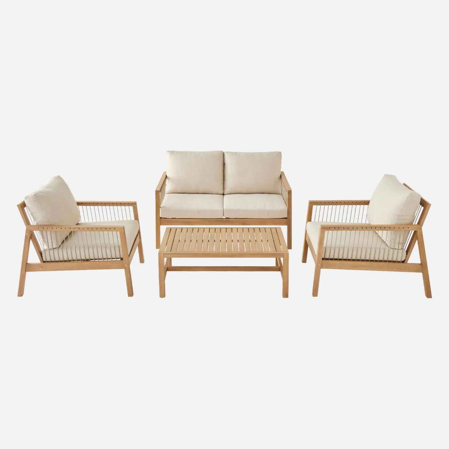 Conjunto de jardim com sofá em madeira e corda, 4 lugares