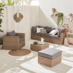 Conjunto de jardim com sofá em resina entrançada, 5 lugares