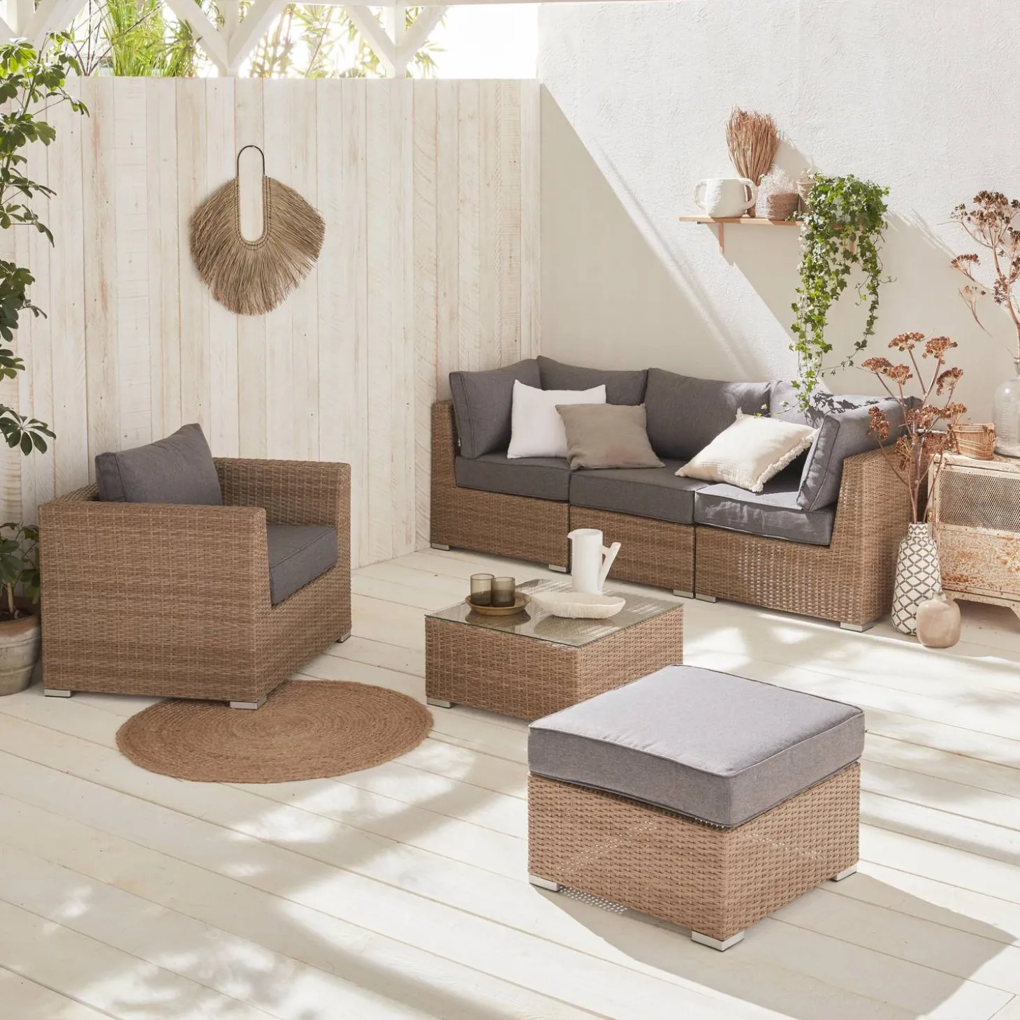 Conjunto de jardim com sofá em resina entrançada, 5 lugares