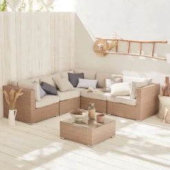 Conjunto de jardim com sofá em resina entrançada, 5 lugares