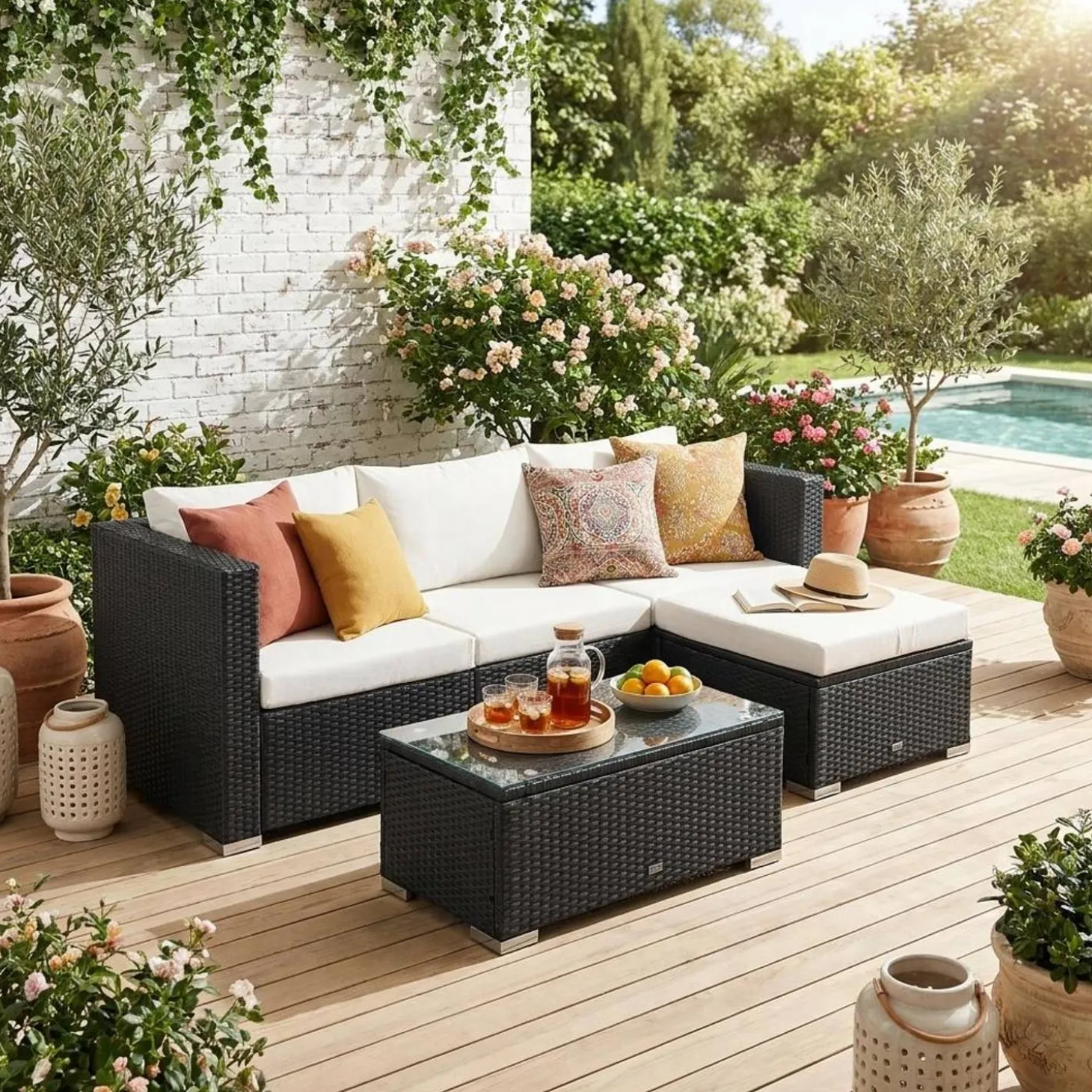 Conjunto de jardim com sofá em resina, 4 lugares