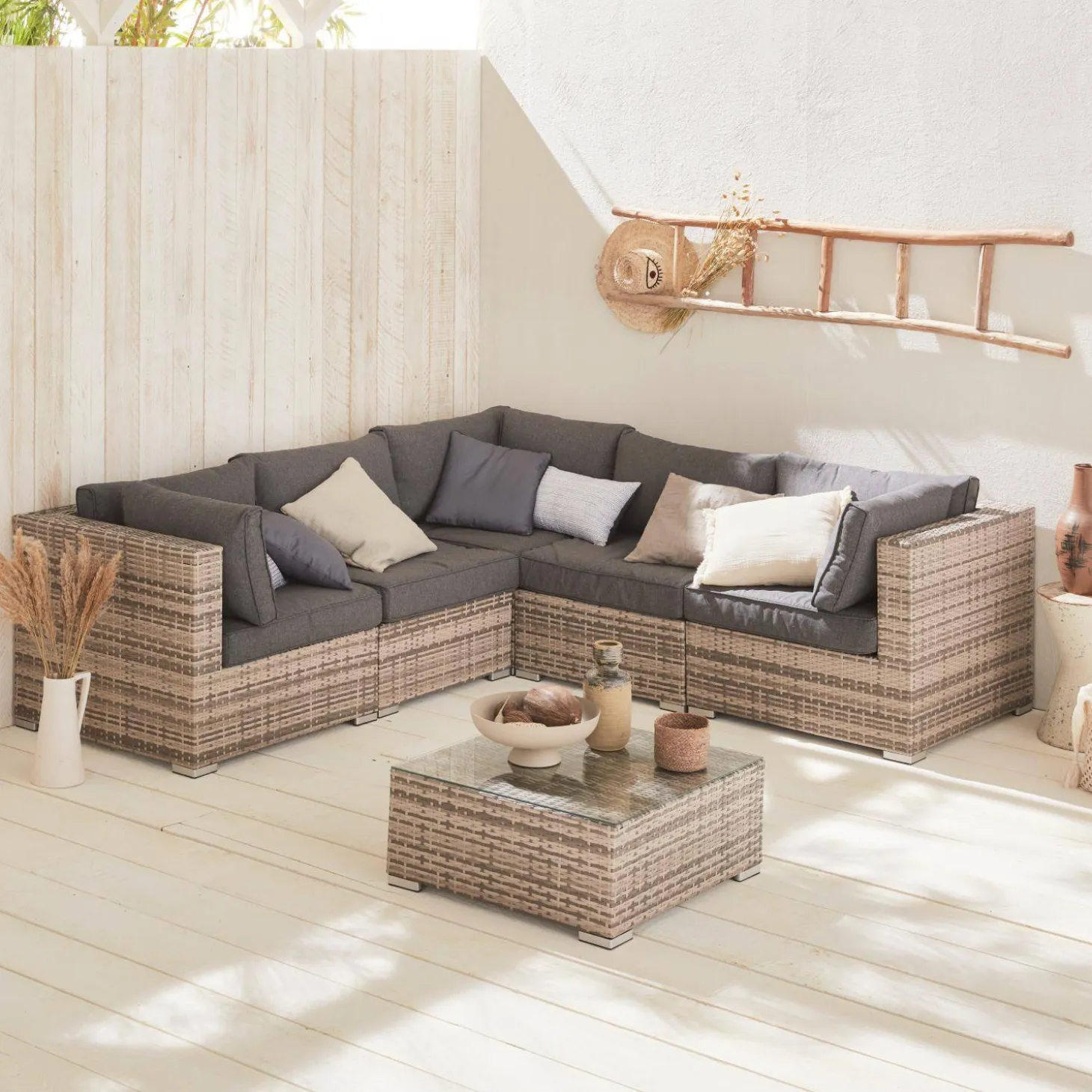 Conjunto de jardim com sofá em resina entrançada, 5 lugares