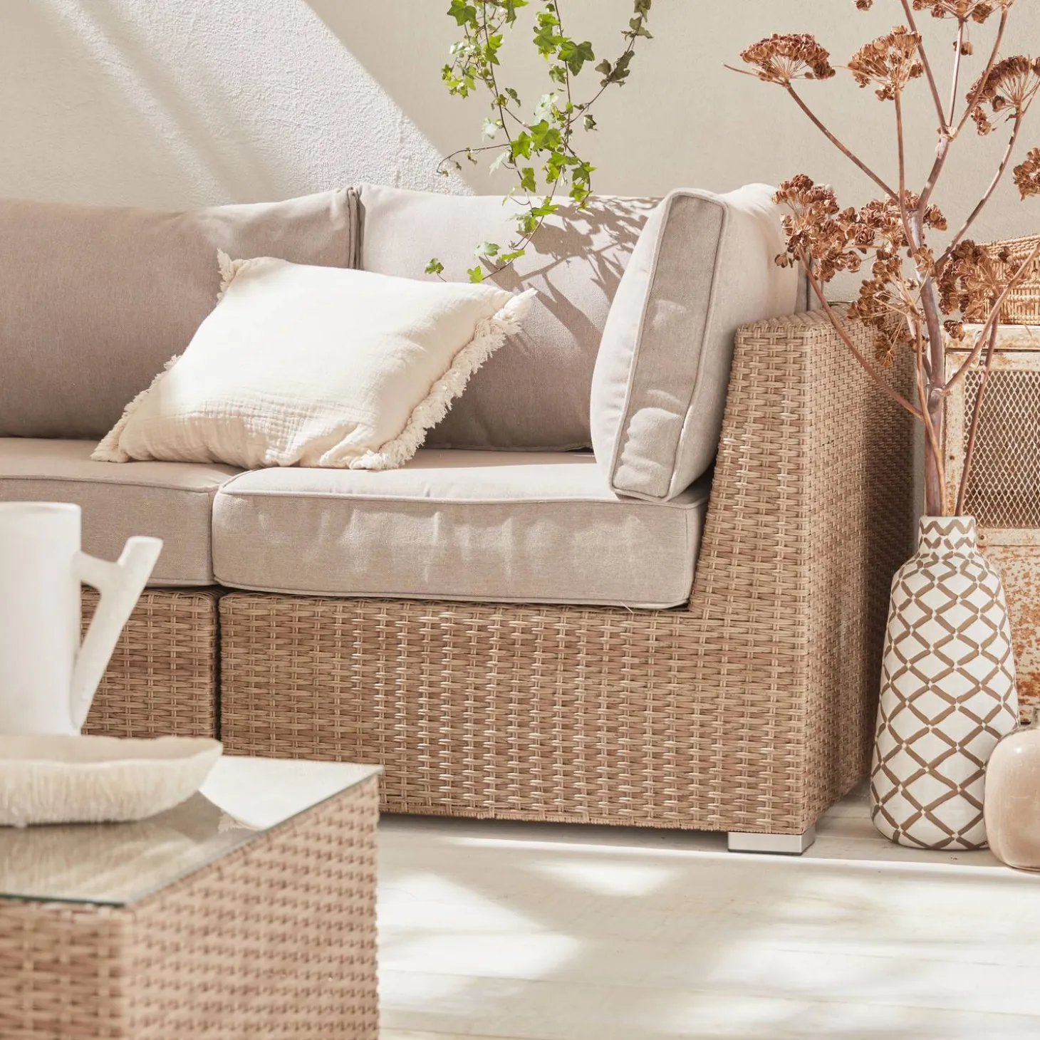 Conjunto de jardim com sofá em resina entrançada, 5 lugares