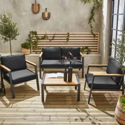 Conjunto de jardim com sofá e poltronas em alumínio e madeira, 4 lugares
