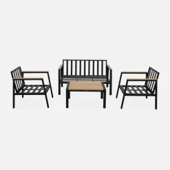 Conjunto de jardim com sofá e poltronas em alumínio e madeira, 4 lugares