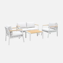 Conjunto de jardim com sofá e poltronas em alumínio e madeira, 4 lugares