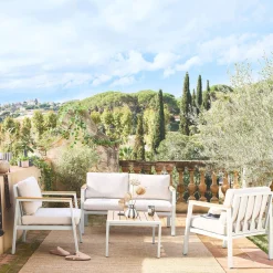 Conjunto de jardim com sofá e poltronas em alumínio e madeira, 4 lugares