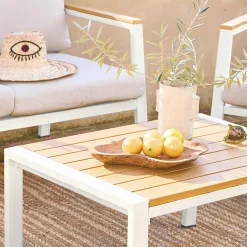 Conjunto de jardim com sofá e poltronas em alumínio e madeira, 4 lugares