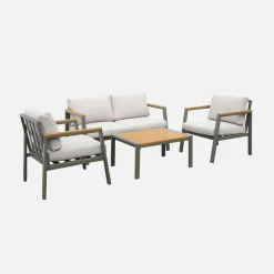 Conjunto de jardim com sofá e poltronas em alumínio e madeira, 4 lugares