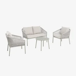 Conjunto de jardim com sofá e 2 poltronas em aço e resina, 4 lugares