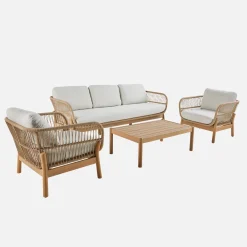 Conjunto de jardim com sofá e poltronas em acácia e corda de 5 lugares
