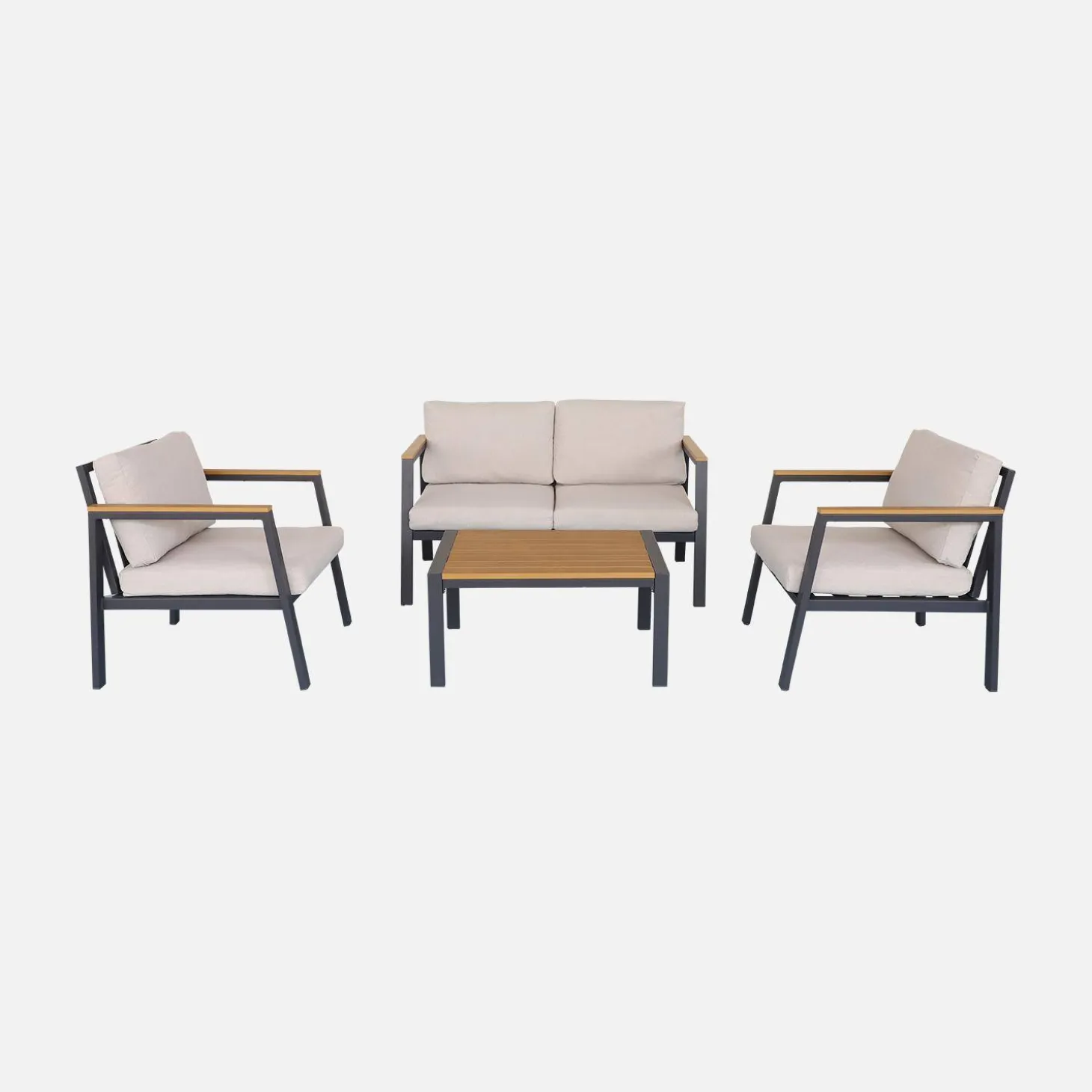 Conjunto de jardim com sofá e poltronas em alumínio e madeira, 4 lugares