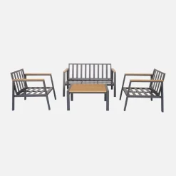 Conjunto de jardim com sofá e poltronas em alumínio e madeira, 4 lugares