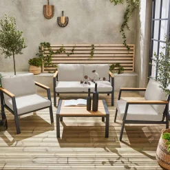 Conjunto de jardim com sofá e poltronas em alumínio e madeira, 4 lugares