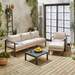 Conjunto de jardim com sofá, mesa e poltrona em alumínio, 5 lugares