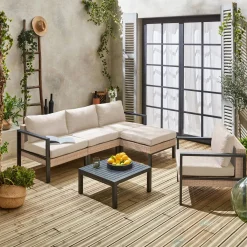 Conjunto de jardim com sofá, mesa e poltrona em alumínio, 5 lugares