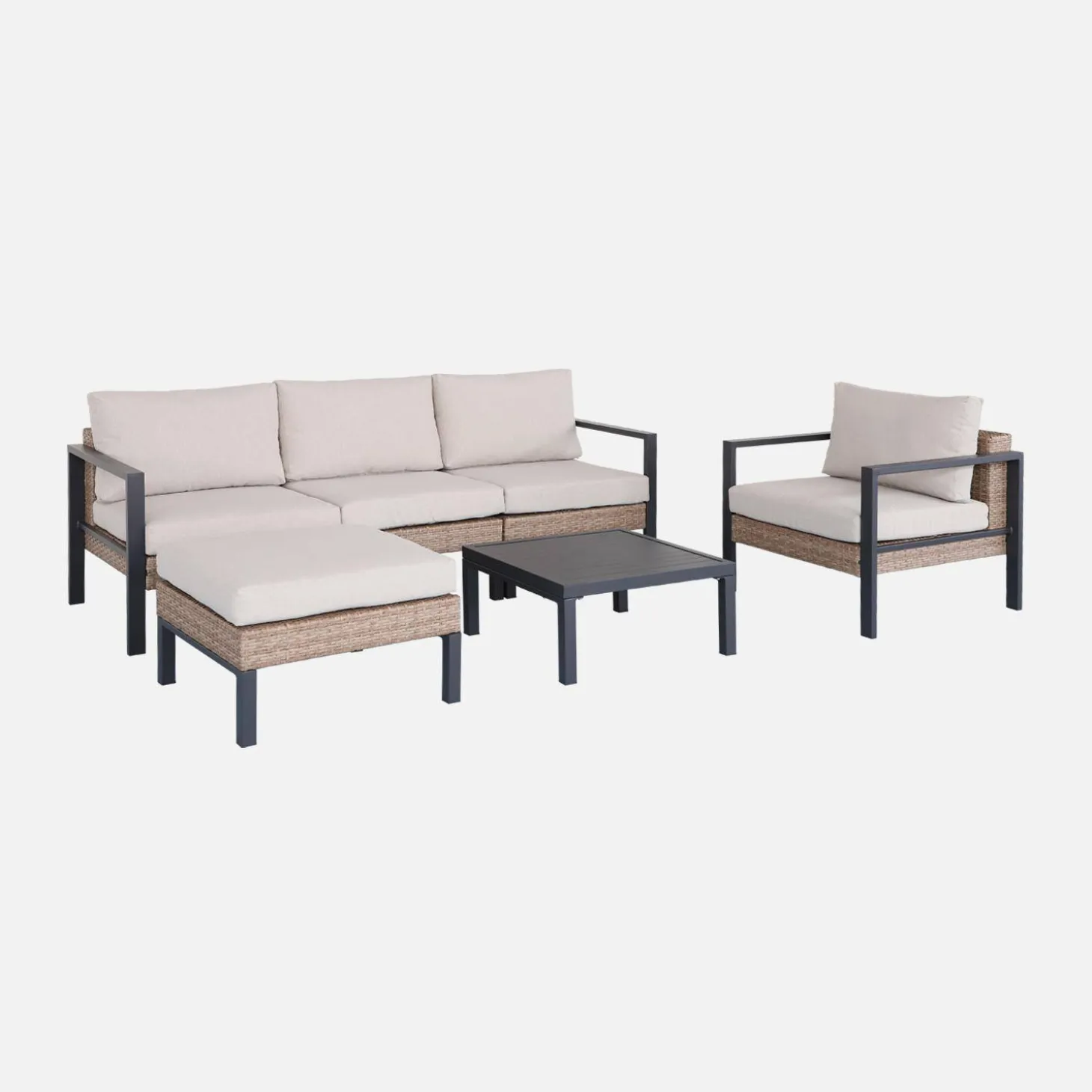 Conjunto de jardim com sofá, mesa e poltrona em alumínio, 5 lugares