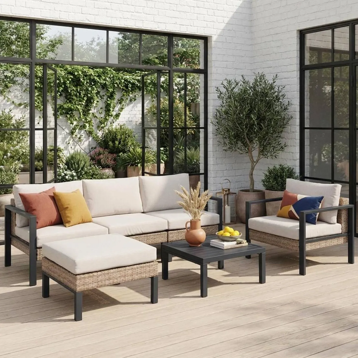 Conjunto de jardim com sofá, mesa e poltrona em alumínio, 5 lugares