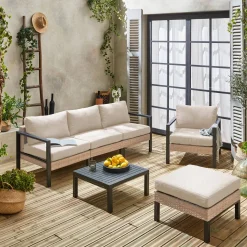 Conjunto de jardim com sofá, mesa e poltrona em alumínio, 5 lugares