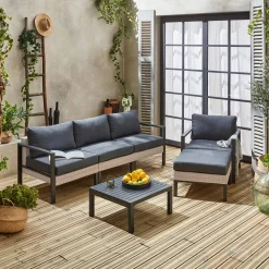 Conjunto de jardim com sofá, mesa e poltrona em alumínio, 5 lugares