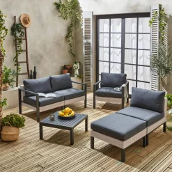 Conjunto de jardim com sofá, mesa e poltrona em alumínio, 5 lugares
