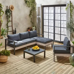 Conjunto de jardim com sofá, mesa e poltrona em alumínio, 5 lugares
