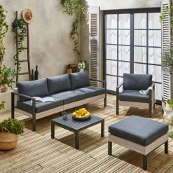 Conjunto de jardim com sofá, mesa e poltrona em alumínio, 5 lugares