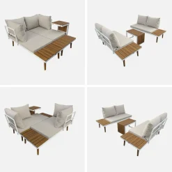 Conjunto de jardim com sofá modular em alumínio e acácia, 4 lugares