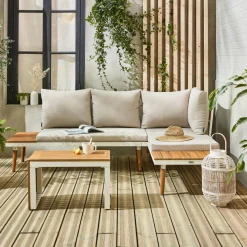 Conjunto de jardim com sofá modular em alumínio e acácia, 4 lugares