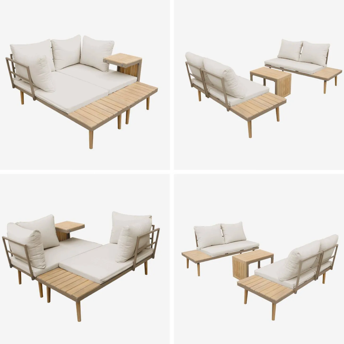 Conjunto de jardim com sofá modular em alumínio e acácia, 4 lugares