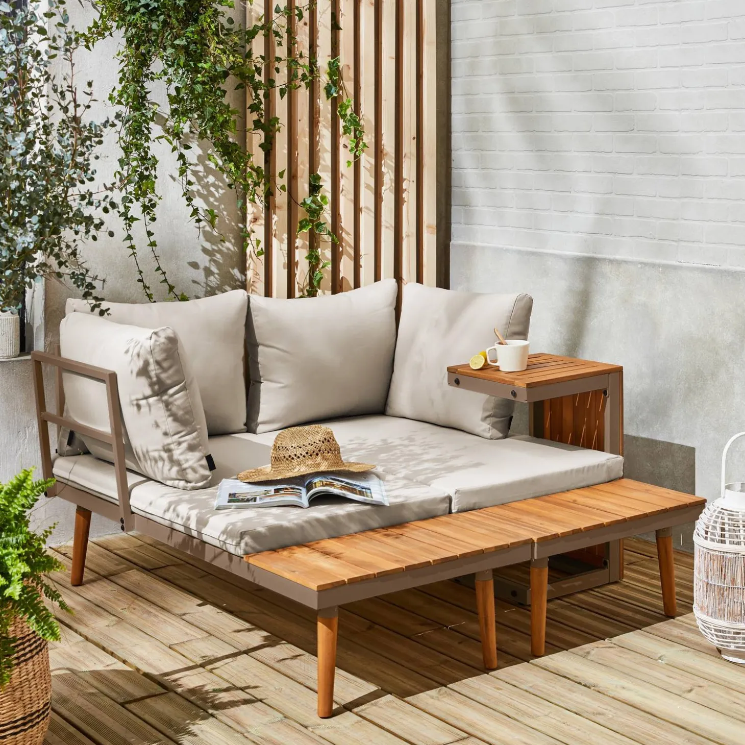 Conjunto de jardim com sofá modular em alumínio e acácia, 4 lugares