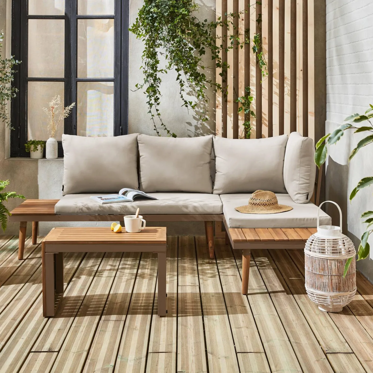 Conjunto de jardim com sofá modular em alumínio e acácia, 4 lugares