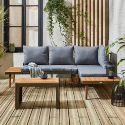 Conjunto de jardim com sofá modular em alumínio e acácia, 4 lugares