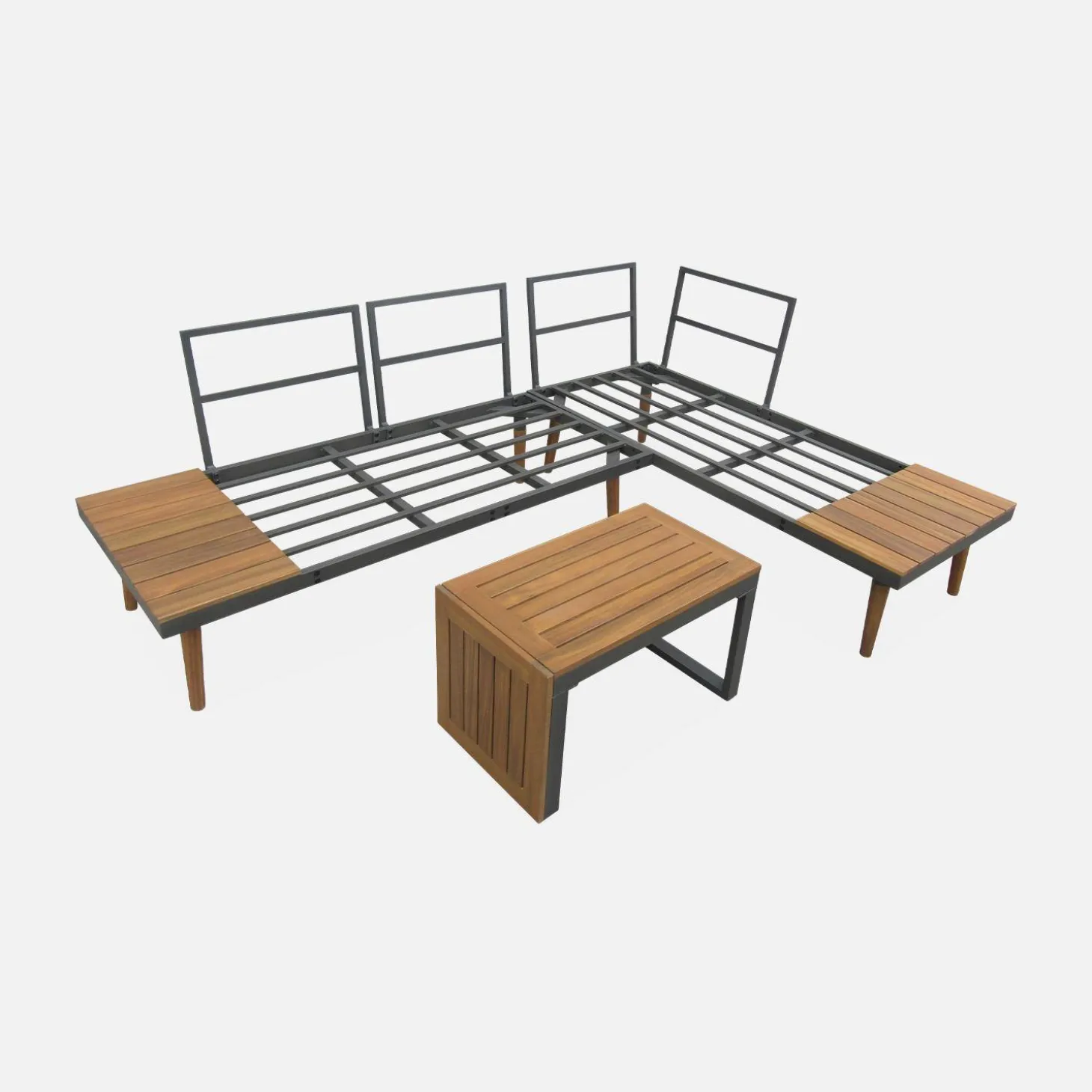Conjunto de jardim com sofá modular em alumínio e acácia, 4 lugares