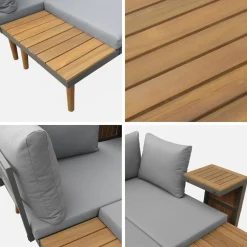 Conjunto de jardim com sofá modular em alumínio e acácia, 4 lugares