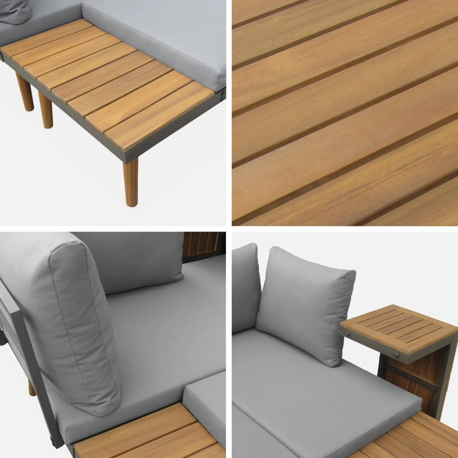 Conjunto de jardim com sofá modular em alumínio e acácia, 4 lugares