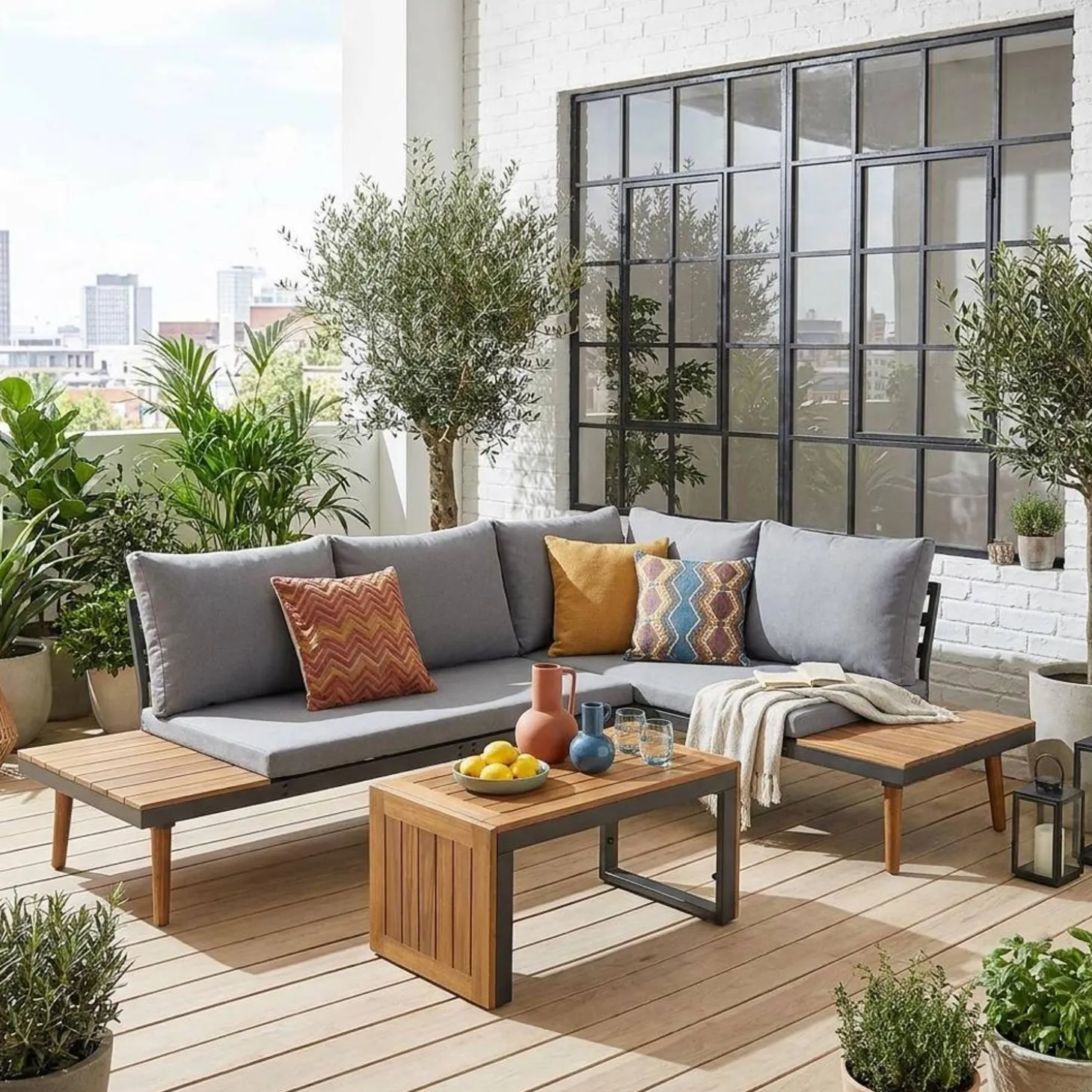 Conjunto de jardim com sofá modular em alumínio e acácia, 4 lugares