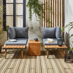 Conjunto de jardim com sofá modular em alumínio e acácia, 4 lugares
