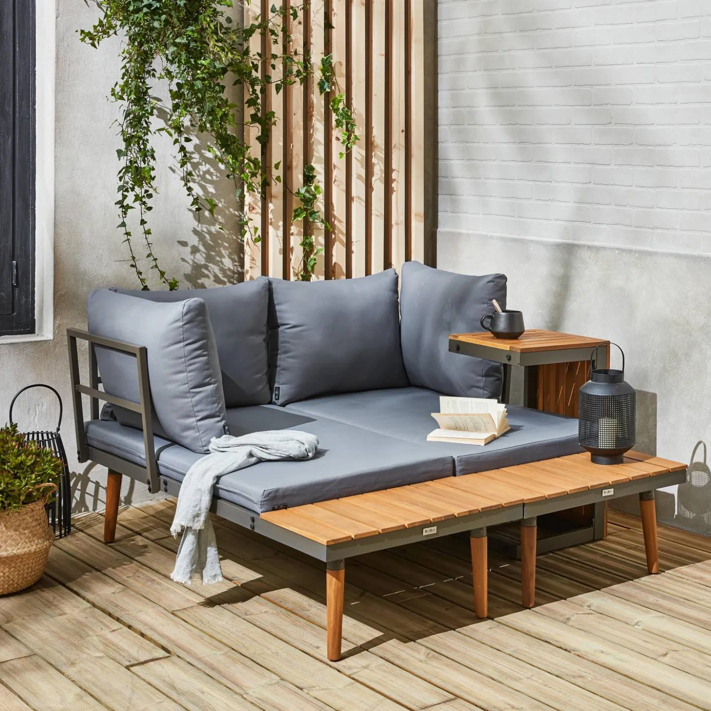 Conjunto de jardim com sofá modular em alumínio e acácia, 4 lugares