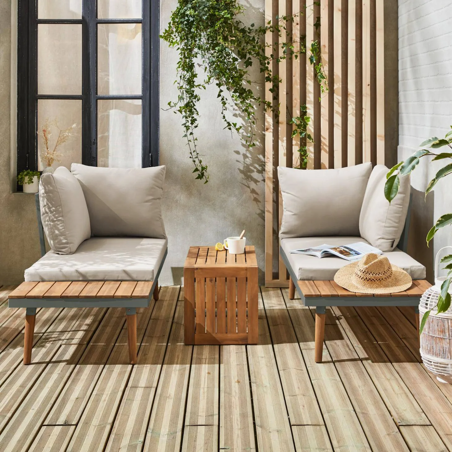 Conjunto de jardim com sofá modular em alumínio e acácia, 4 lugares