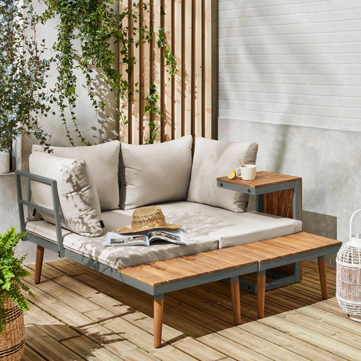 Conjunto de jardim com sofá modular em alumínio e acácia, 4 lugares