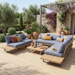 Conjunto de jardim de canto em madeira de acácia e alumínio, 7 lugares